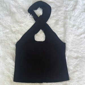 Windsor Cross Front Black Ribbed Halter Top Size Small